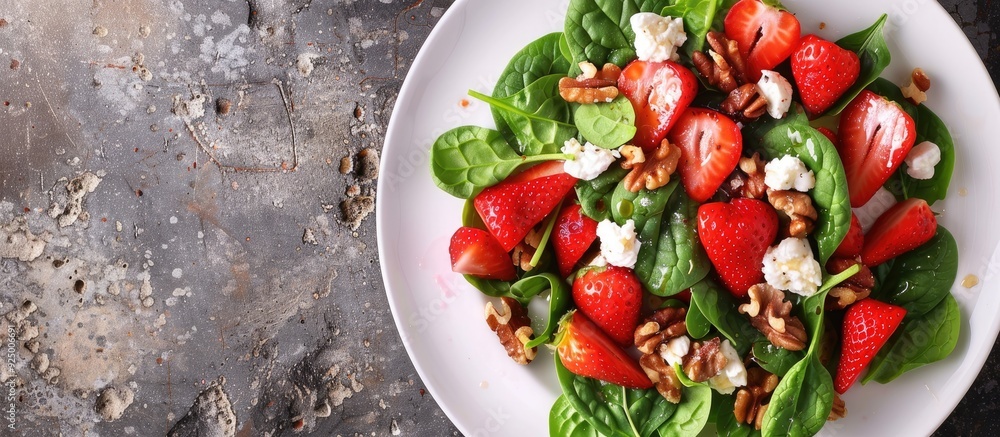 Poster fresh strawberries spinach cream cheese and walnuts create a light healthy summer salad displayed on