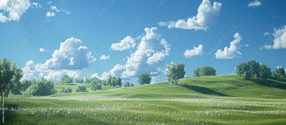 Poster capturing a scenic park with fluffy cumulus clouds against a clear sky in a photograph with copy spa