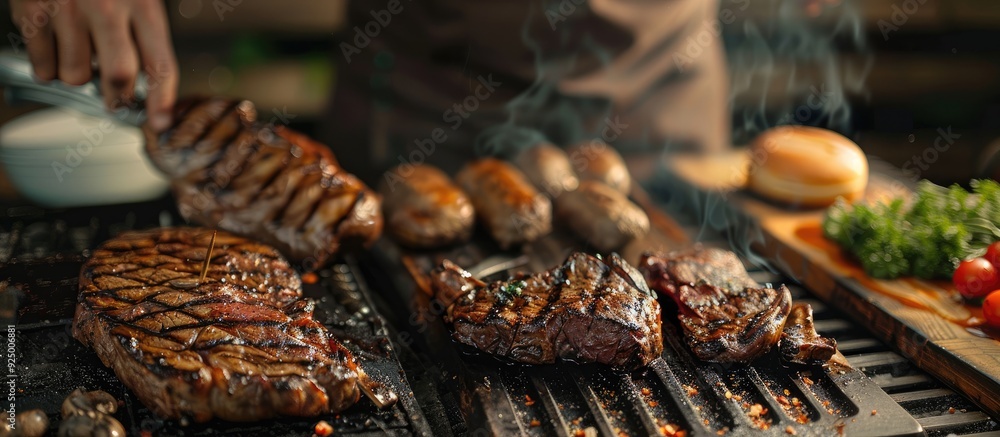Poster a spread of grilled meats like steaks and burgers displayed on a table with a chef preparing the ste