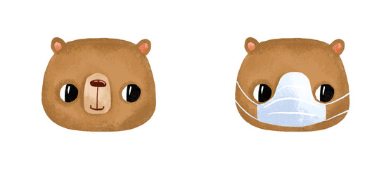 Cartoon bear with and without medical mask. Diseases and viruses, coronavirus epidemic. Hand drawn illustration on isolated background.