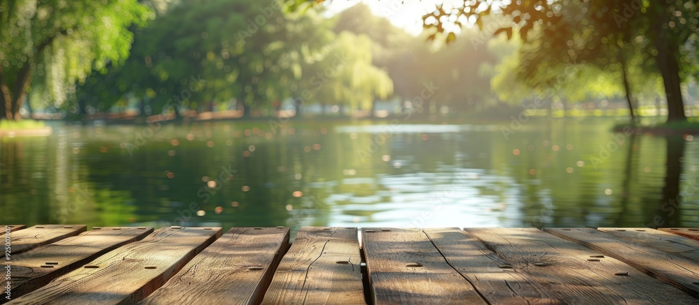 Aufkleber wooden table displaying a blur of lake and park scenery in the background forming a serene copy spac