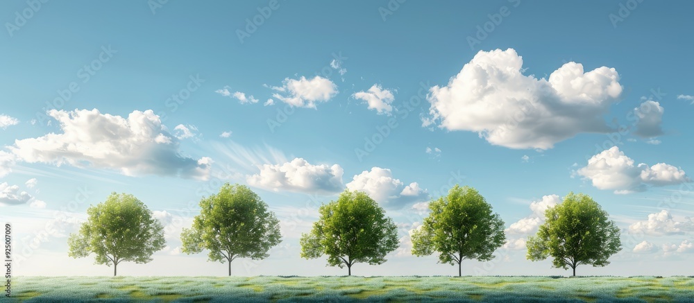 Poster scenic view with trees set against a backdrop of white clouds and a clear blue sky perfect for a cop