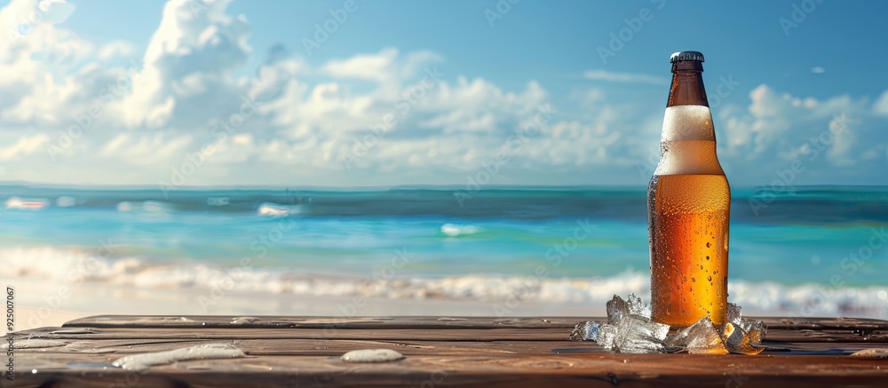 Poster cold beer in a glass bottle with ice on a wooden table at the beach with a clear blue sky and ocean 