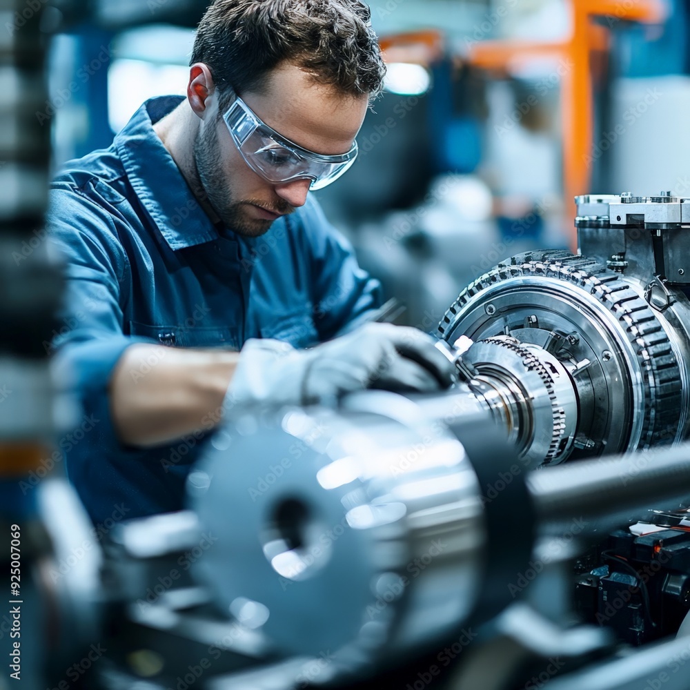 Poster engineer wearing protective glasses working on a high-precision machine in a modern factory. focused