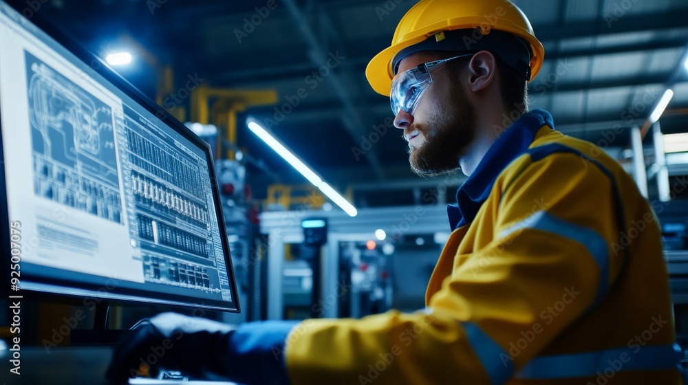 Poster engineer wearing safety gear working on a computer in an industrial factory, analyzing data and moni