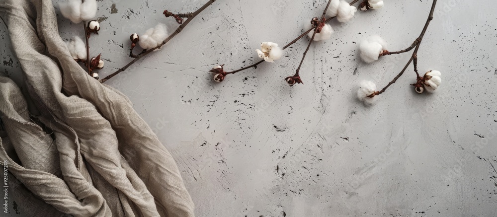 Aufkleber top view of a branch on a concrete background with a cotton fabric next to it offering copy space im