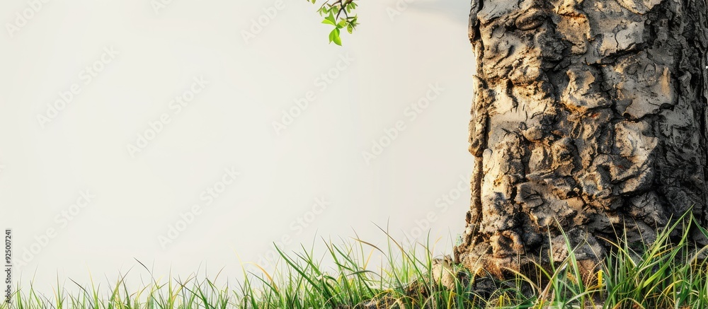 Poster mock up featuring tree bark and grass on a light background with copy space image