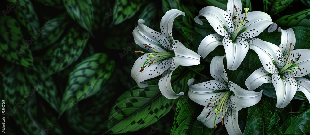 Poster enjoy the view of white checkered lily flowers with a checkerboard pattern surrounded by vibrant gre