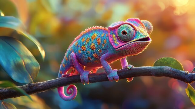 A chameleon cartoon character changing colors on a branch, with a surprised look on its face as it discovers its new vibrant pattern.