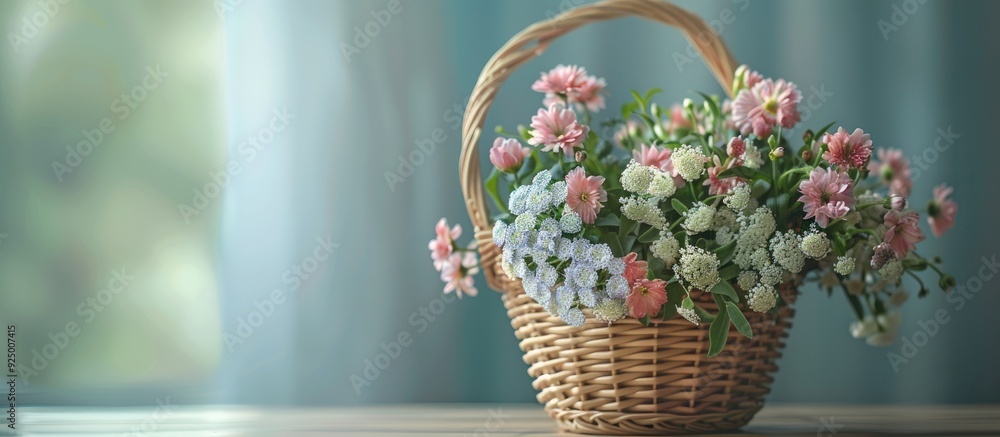 Poster close up image of a wicker basket filled with lovely flowers on a table with available copy space fo