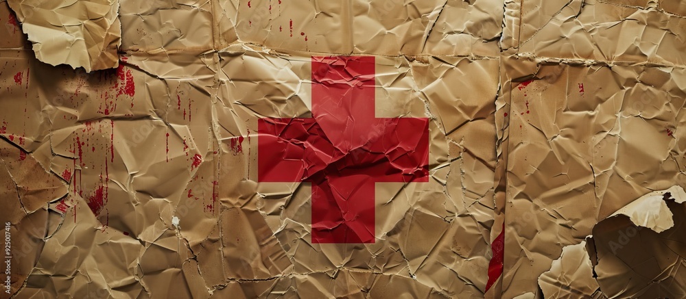 Poster conceptual emergency plan symbol displayed on torn paper against a brown background with copy space 
