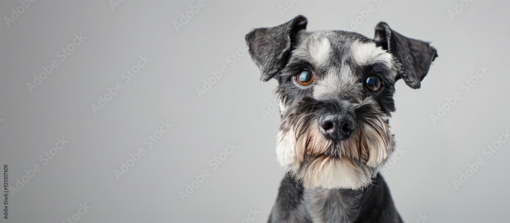 Poster a miniature schnauzer dog gazes at the camera in front of a white backdrop creating copy space image