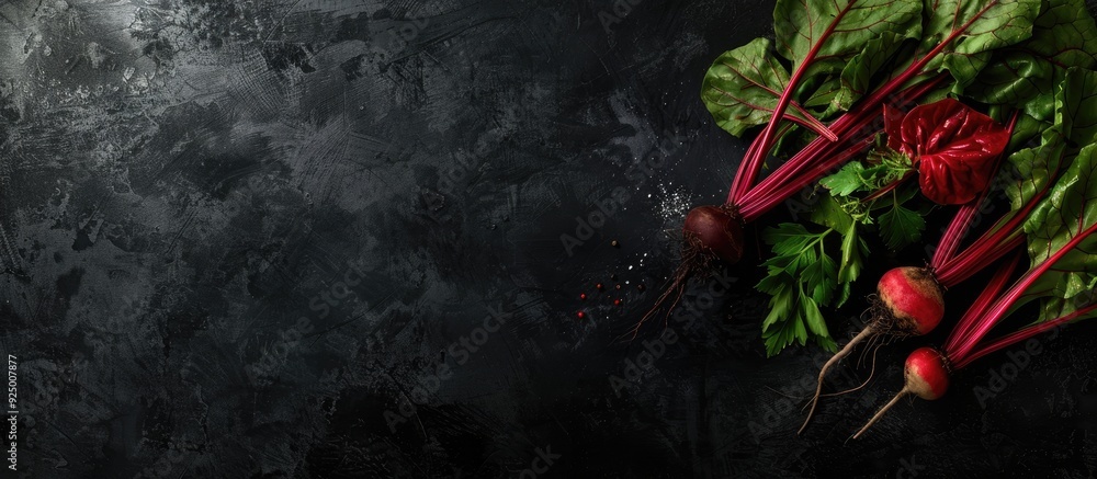 Poster Copy space image of beetroot chard and herb stalk on a black background captured from a top view with a horizontal orientation providing free space for text