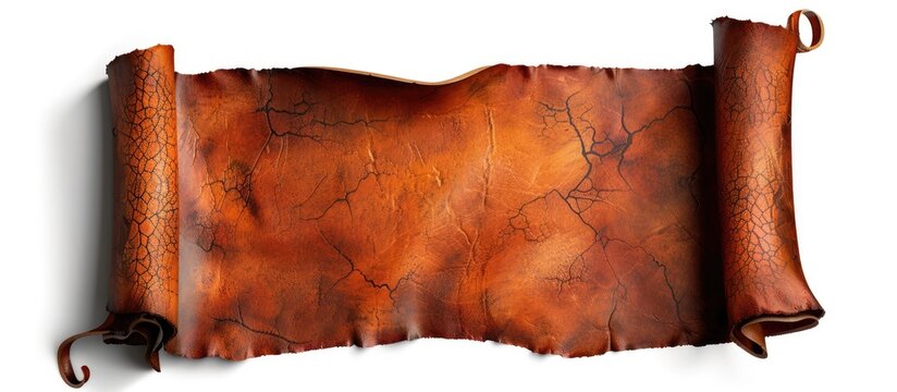 Genuine leather scroll floating with a textured abstract backdrop on a white background, providing copy space image.
