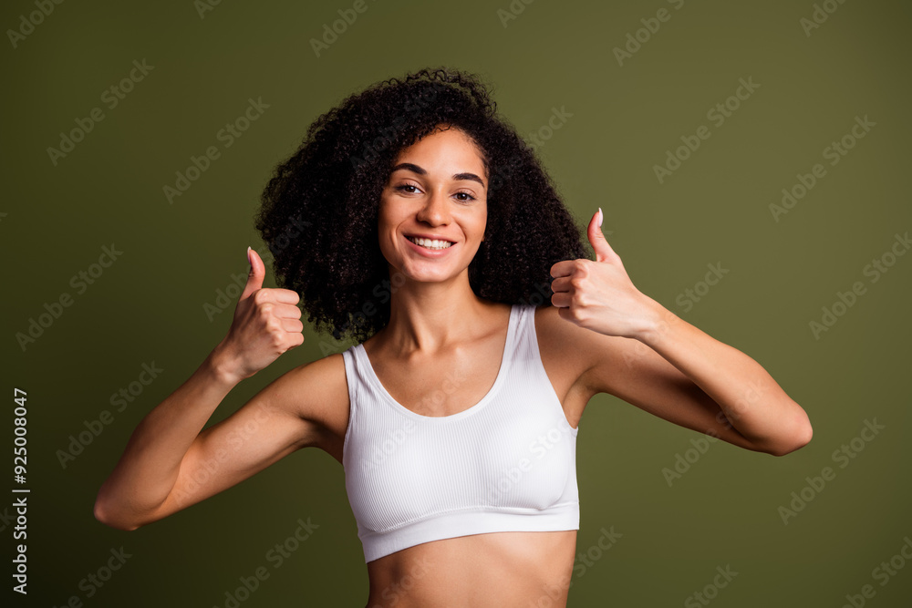 Sticker No filter photo of cheerful lovely woman wear trendy white lingerie thumb up recommendation isolated on khaki color background