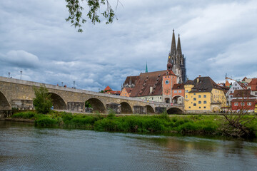 Panoramic view of Regensburg's old town on the Danube in Germany.