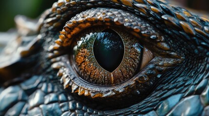 Fototapeta premium A close-up of a lizard's eye, with intricate patterns and a reflective surface, capturing the beauty and complexity of reptilian vision.