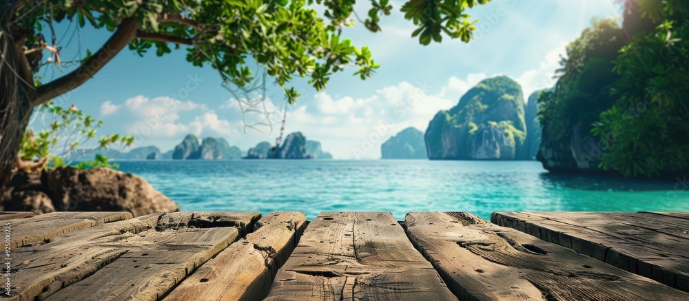 Poster capture the scenic island sea view with a copy space image on an aged wood log serving as the table 