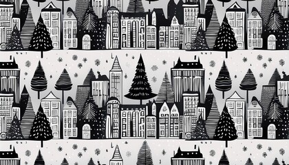 Cityscape Silhouettes illustration - cozy winter pattern cityscape in Scandinavian Nordic style, with black and white houses and trees. Graphic art illustration background