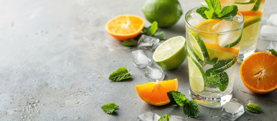 Refresh in summer with healthy antioxidant-rich drinks like citrus water-based mojitos garnished with lime, lemon, orange, mint, and ice, in a copy space image.