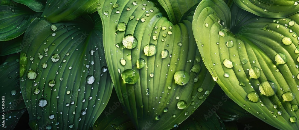 Poster close up photography of raindrops on a large green hosta plantaginea leaf in a park setting during t