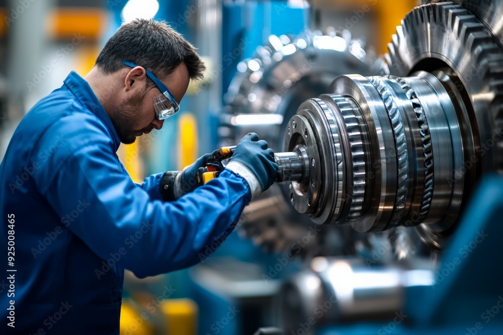 Poster engineer working with machinery in industrial setting, focusing on precision and technical details o