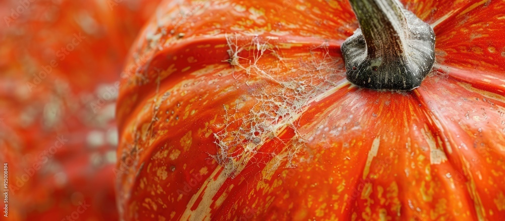 Poster close up macro image of a pumpkin showcasing its textured orange surface with hints of green white a