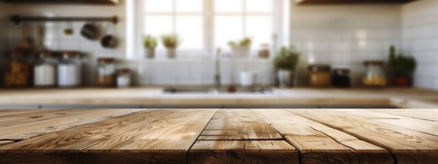 Rustic wooden kitchen countertop with blurry modern kitchen in the background. Concepts of cooking, home decor, and lifestyle.