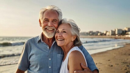 Beautiful happy senior couple dating at the seaside during summertime - Mature married couple in love bonding outdoors at the beach, concepts about elderly lifestyle, relationship and quality of life