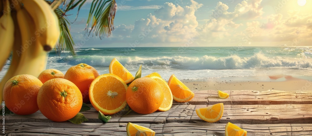 Poster fresh oranges and bananas displayed on a rustic wooden table by the beach with ample copy space for 