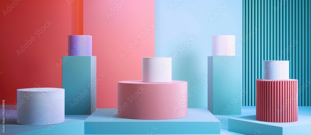 Poster various pedestals showcasing different items for a product photoshoot on a colorful background with 