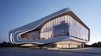 contemporary office building. Modern business building design. In front of a high-end commercial structure