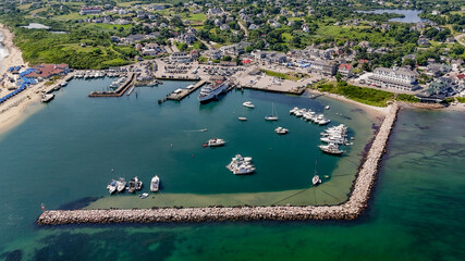 New Shoreham, RI, USA - August 5 2024: Aerial image of Old Harbor, Block Island, New Shoreham, RI and local downtown area and ferry terminal.
