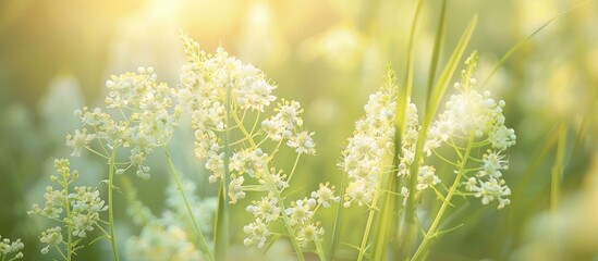 Summer nature scene with white Filipendula ulmaria flowers on a meadow green botanical backdrop soft focus ideal as a copy space image for medical plant themes