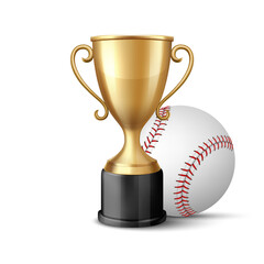 Vector 3d Realistic Metal Yellow Golden Champion Cup and Baseball Set, Isolated. Championship Trophy Design Template for Sports Concept, Front View