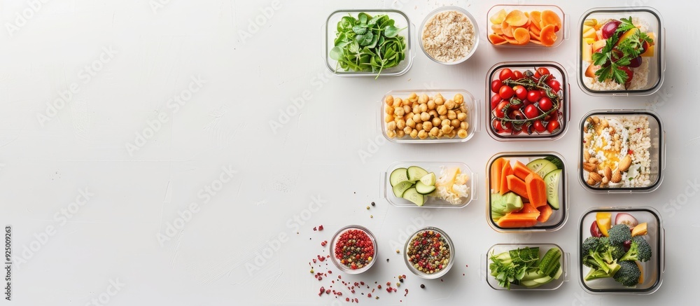Poster glass containers with various healthy meals and ingredients arranged on a white backdrop for a flat 