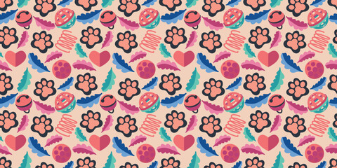 Seamless pattern of paws and cat toys. Vector illustration.