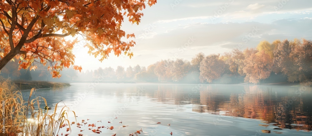 Poster autumn foliage set against a vast river showcasing a serene scene with ample copy space image