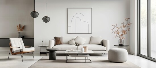 Sleek Nordic living room with minimalist Scandinavian design featuring a clean white backdrop for a serene ambiance perfect for a copy space image