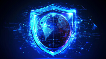 Cybersecurity and data protection concept on a blue background. Featuring database security software development and online security measures, with the Earth protected by a shield. Vector illustration