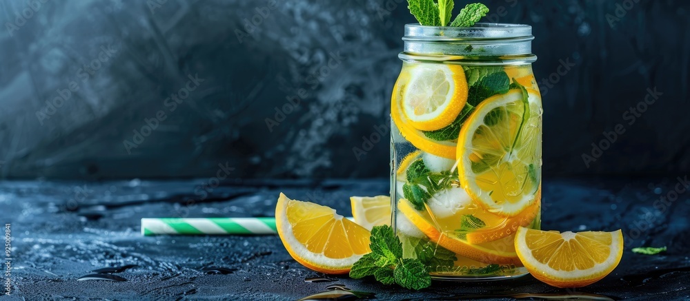 Poster lemonade beverage with sliced lemon and mint in a jar on a dark backdrop with copy space image.