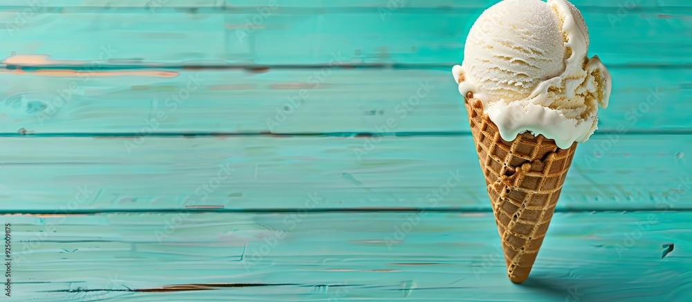 Poster vanilla ice cream in a waffle cone on a turquoise table with copy space image.