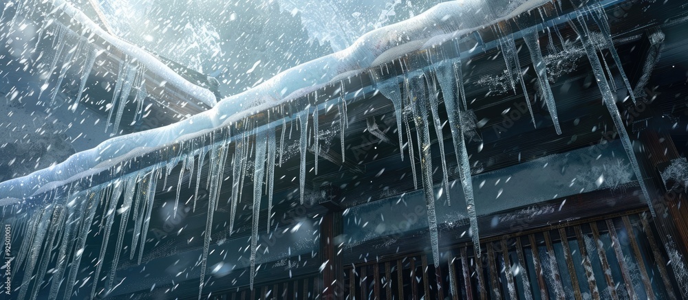 Poster snow laden roof with icicles hanging down providing space for text with image. copy space image. pla