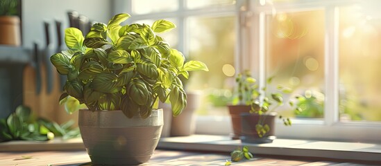 Basil plant in a kitchen pot with a window background showcasing fresh organic leaves spices and vegan options perfect for home gardeners with a copy space image