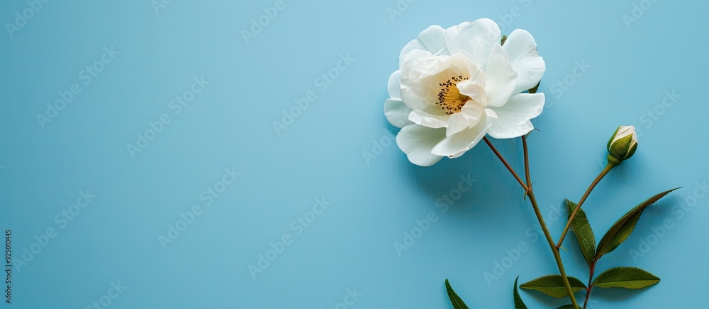 Poster A white flower on a blue backdrop with copy space adorned with some green leaves