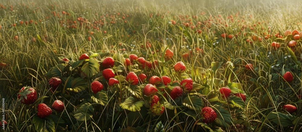 Poster Wild strawberries with red fruits scattered across a meadow providing a picturesque copy space image