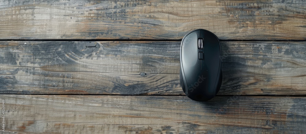 Poster a single wired mouse resting on a gray wooden table in an overhead view providing a clear copy space