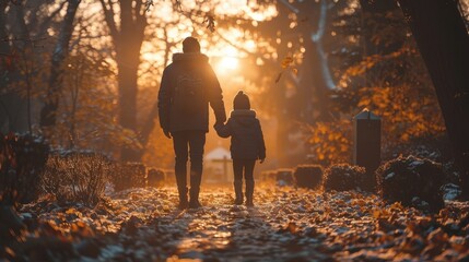 Fototapeta premium Silhouette of a Father and Daughter Walking in a Forest at Sunset