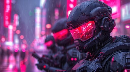 Futuristic Soldier in Rain with Pink Neon Lights