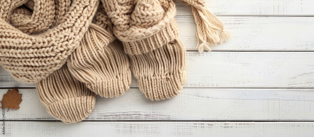 Poster top down view of beige knitted scarf and mittens on a white wooden table with room for text in the i
